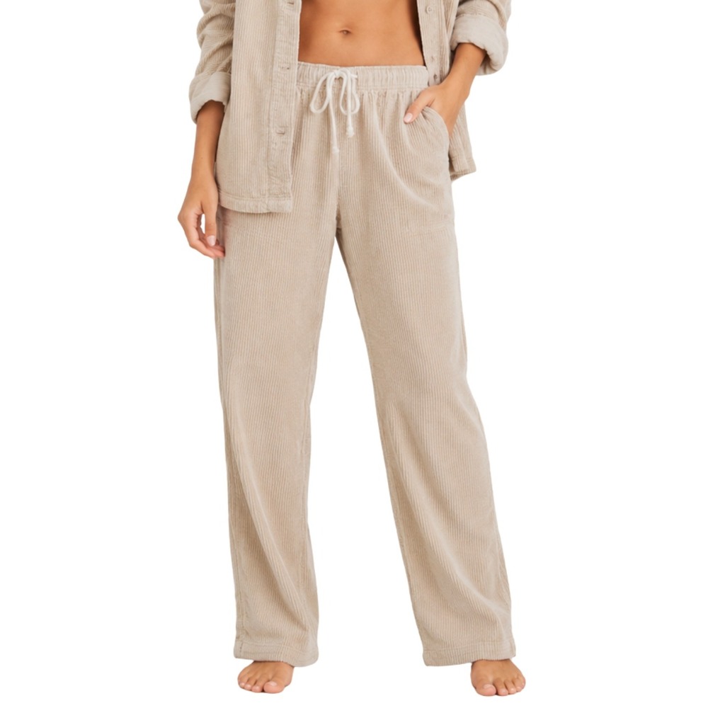 Aerie Pants Womens Medium Cream Corduroy Straight Leg Drawstring Pull On Cotton